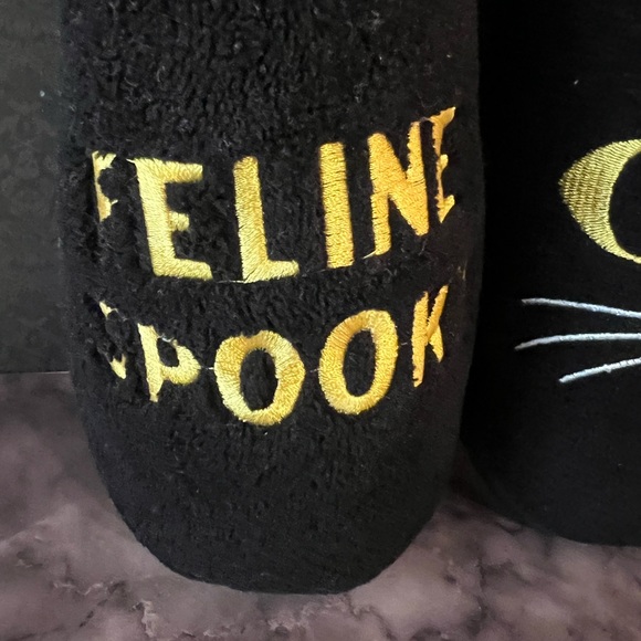 Halloween Black Cat Slippers Feline Spooky Size Small 5-6 Purple Kitties Lining - Picture 6 of 9